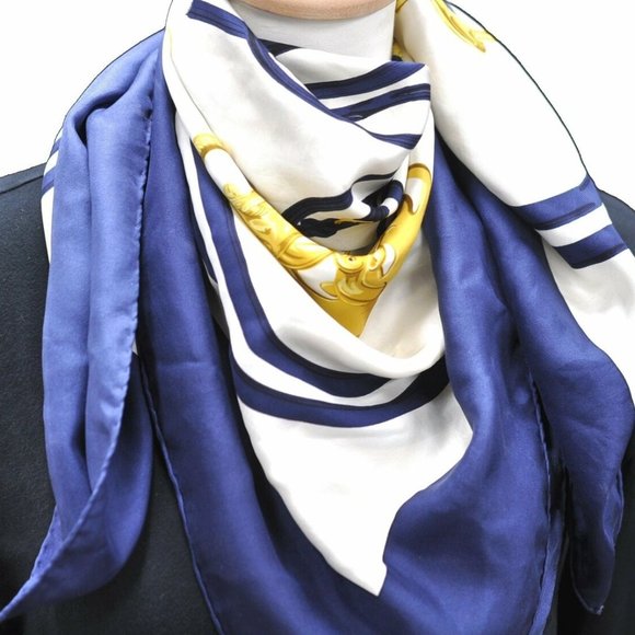 Authentic HERMES Carre 90 Scarf "BRIDES de GALA" Silk Navy Blue White - Picture 2 of 12